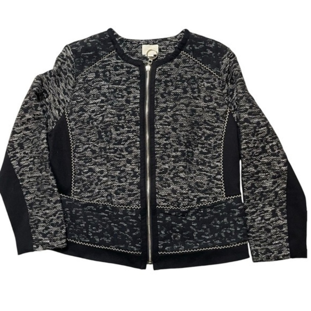 Chico's Black White Gold Pieced Jacquard Zip Up Animal Print Jacket - Size L / 2